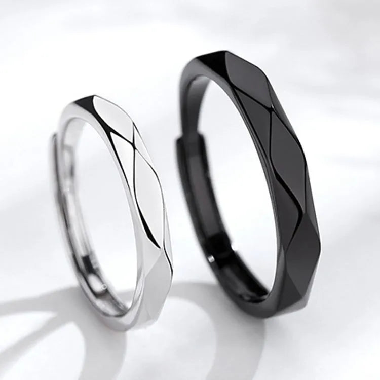 1Pair Simple Rhombus Couple Rings for Women Men Black Sliver Couple Goth Ring Luxury Opening Finger Ring Lover's Jewelry Gifts