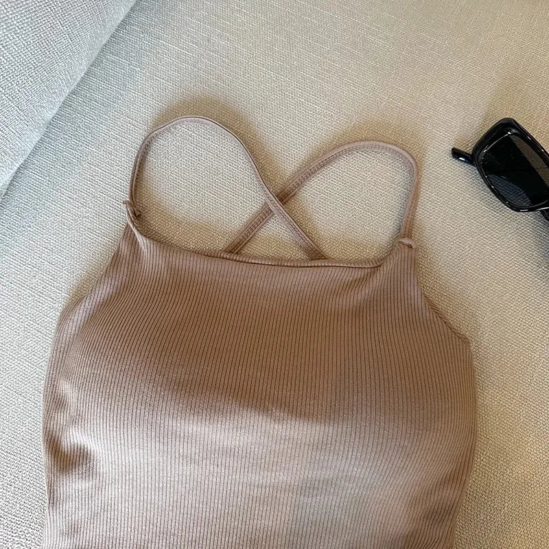 Summer Sexy ort Tank Top Women's Slim Fit Csole Vest Outerwear with Chest Pad Strap Vest Pure Color Faion Design