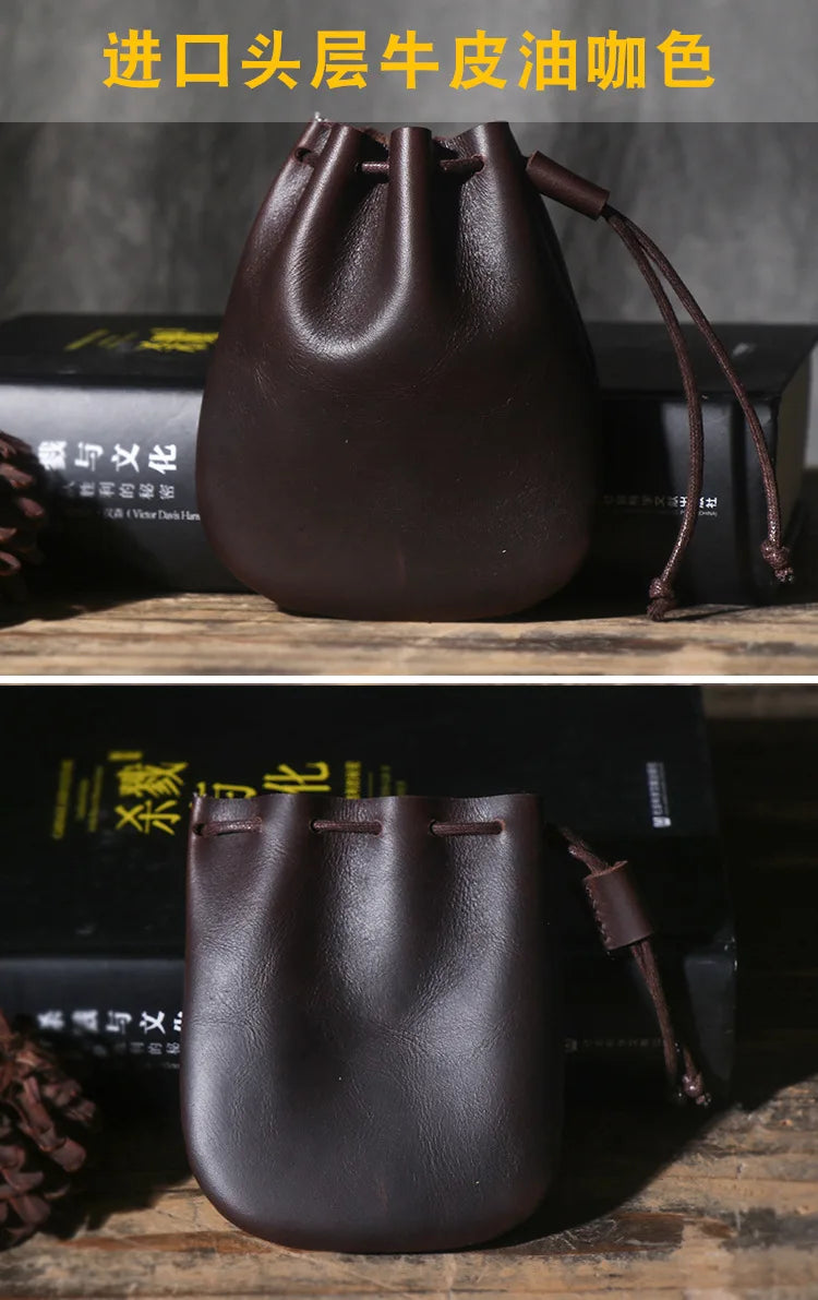 Drawstring Coin Storage Bag Handmade Genuine Leather Unisex Coin Purse Cow Leather Coins Money Pocket Retro Wallet Bags
