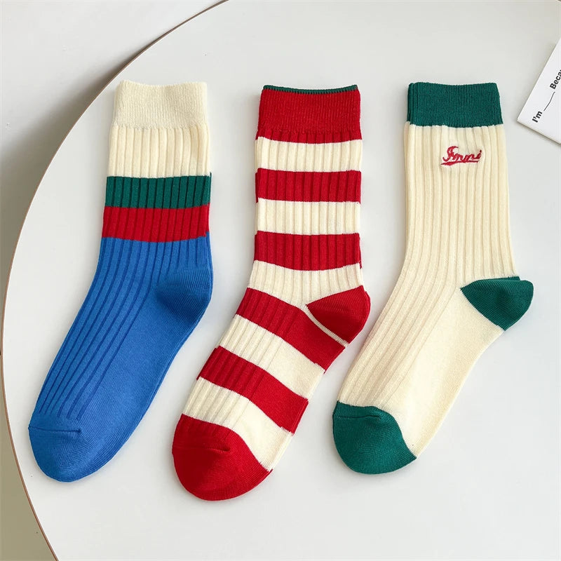 Socks For Women New Fashion Autumn Striped Cotton Long Socks Breathable Soft Korean Style Cute Embroidery Girls Casual Comfort