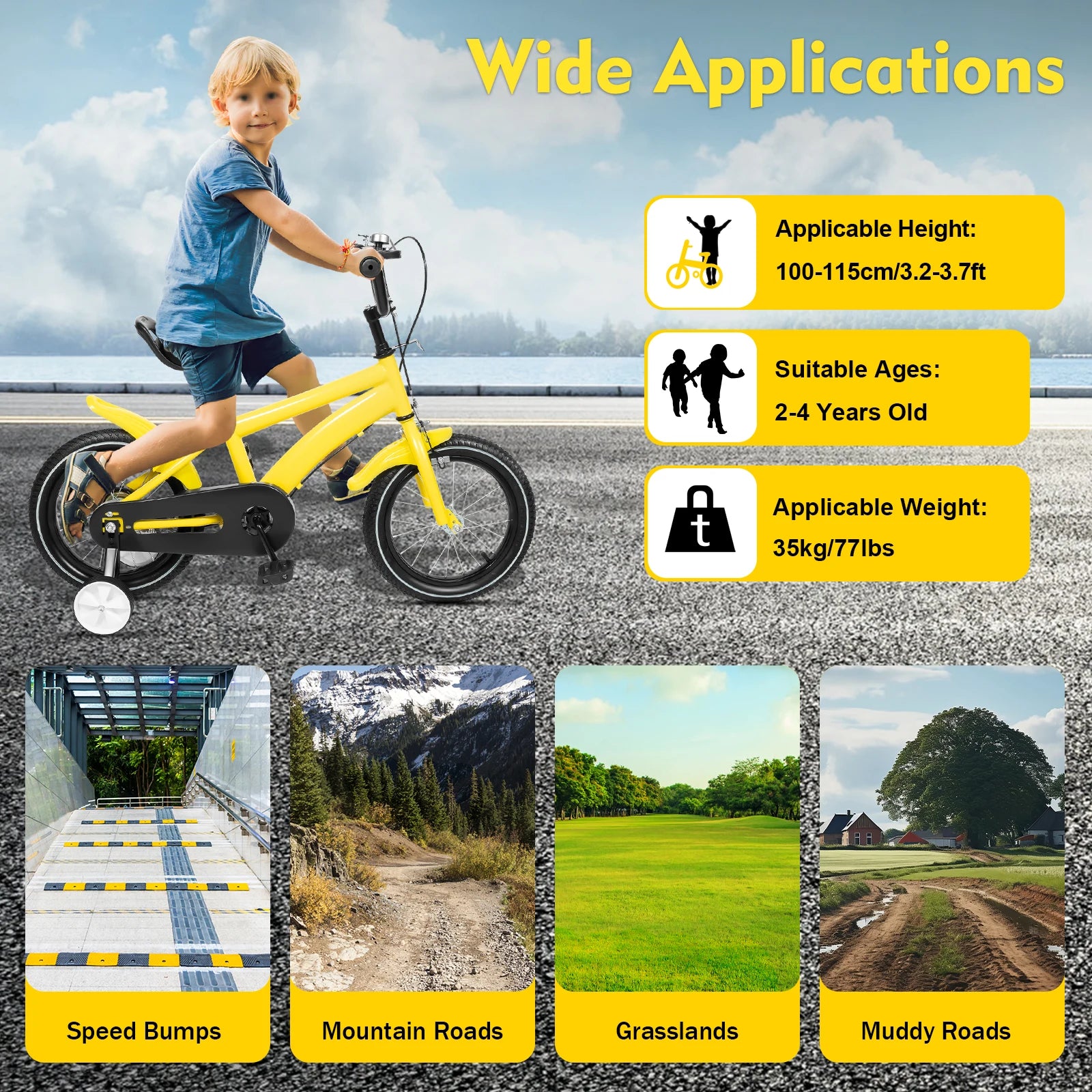 14inch Children's Bicycle with Training Wheel for 2-5 Year-Old Boys and Girls, Height Adjustable Kids Bike White/Yellow/Red/Blue