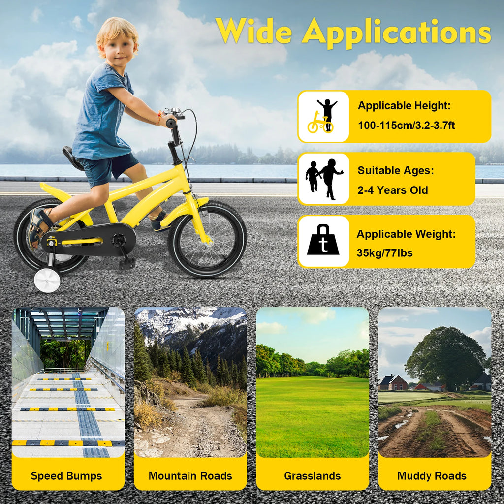 14inch Children's Bicycle with Training Wheel for 2-5 Year-Old Boys and Girls, Height Adjustable Kids Bike White/Yellow/Red/Blue