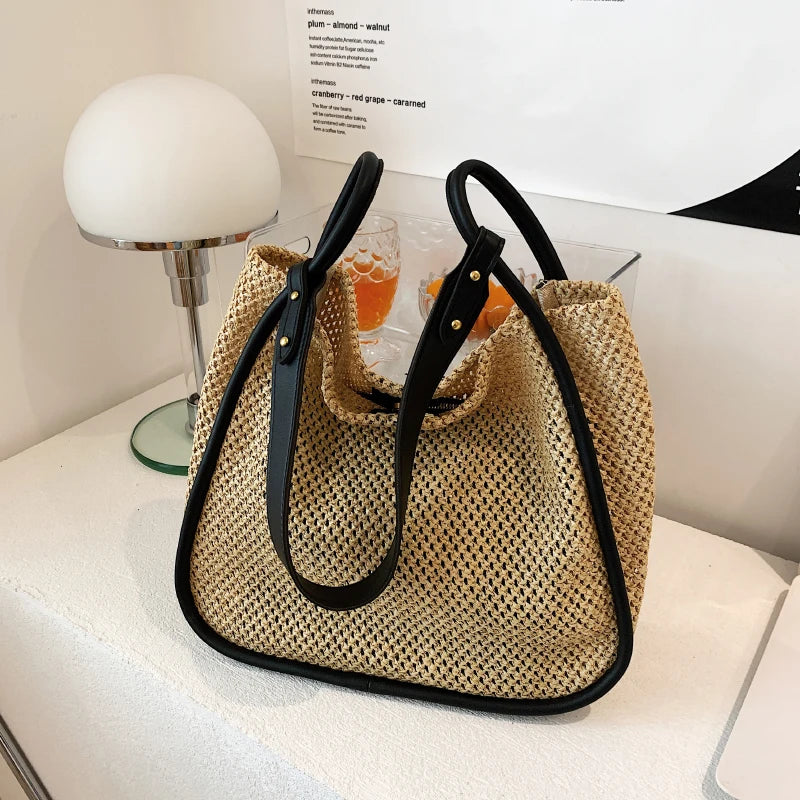 Summer Large Beach Bag Ladies Designer Tote Straw Woven Hollow Shoulder Out Soft Large Capacity Vacation Shopping Handbag Purse