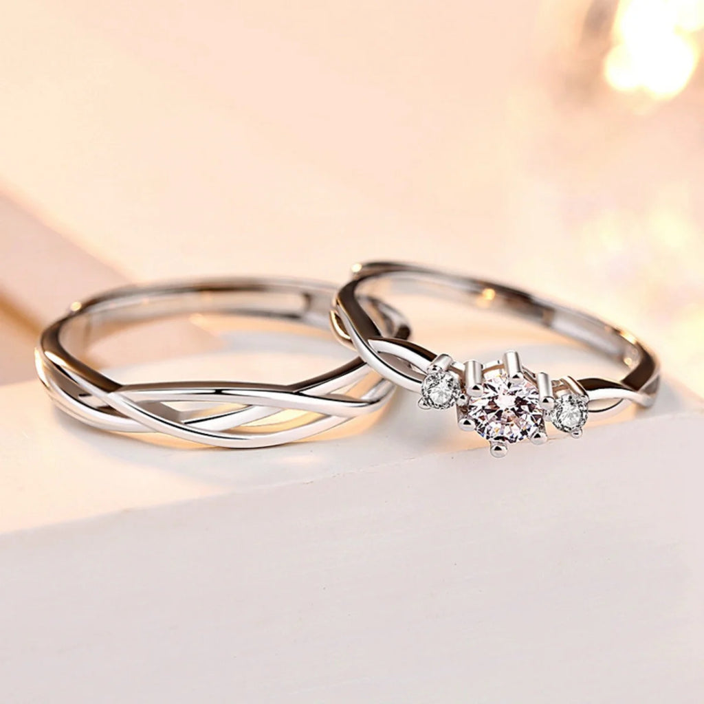 2Pcs/Set Minimalist Classic Twisted Weave Zircon Couple Rings For Women Men Trendy Romantic Geometric Ring Anniversary Jewelry