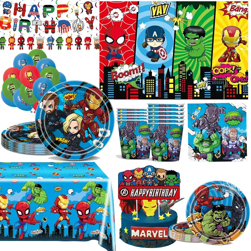 Marvel The Avengers Birthday Supplies Disposable Plate Napkin Cup Tablecloth Balloon for Kids Boy Superhero Party Decorations