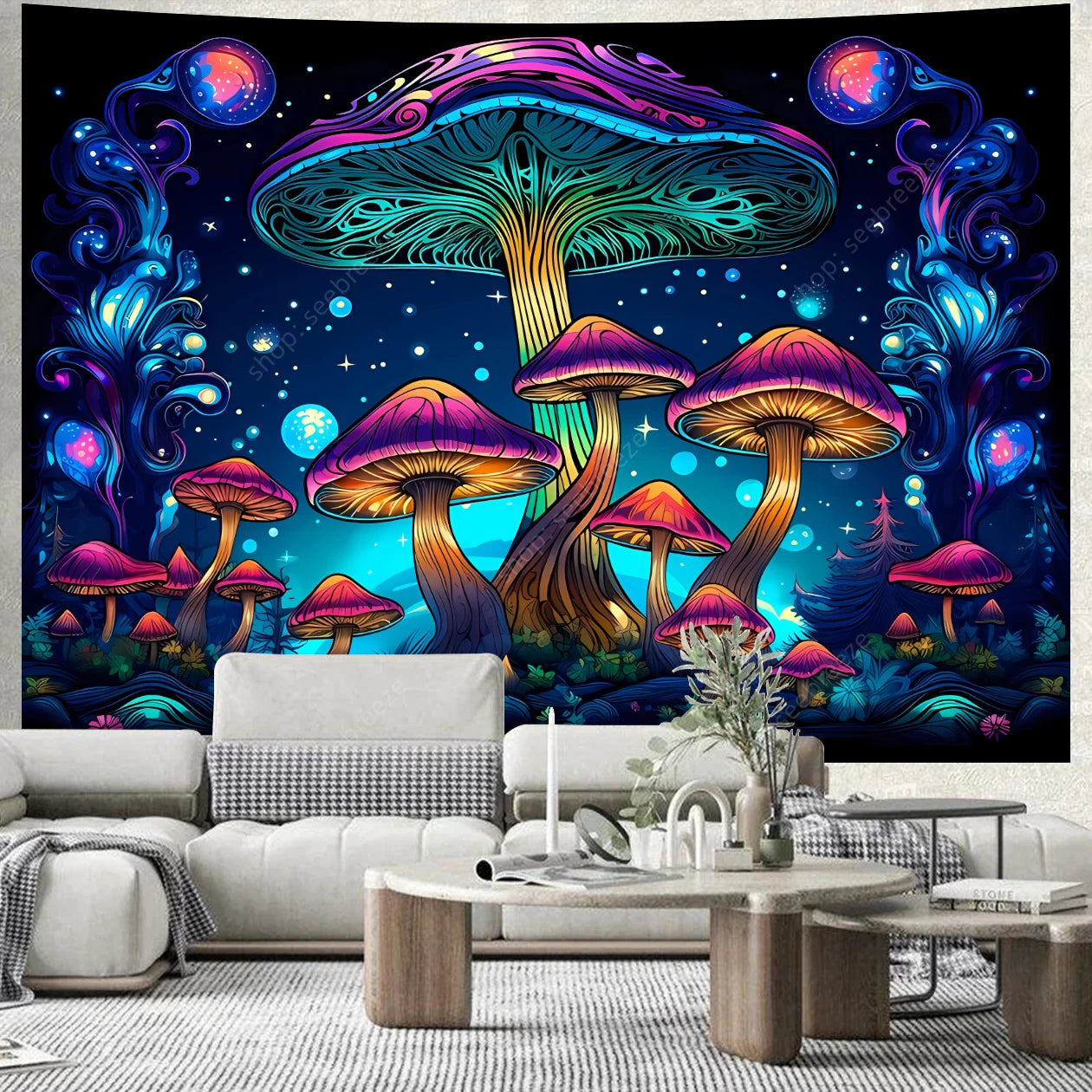 Fantasy Mushroom UV Reactive Tapestry Beautiful Floral Plant Tapestry Wall Hanging Gothic Home Wall Decor Room Decor Aesthetic