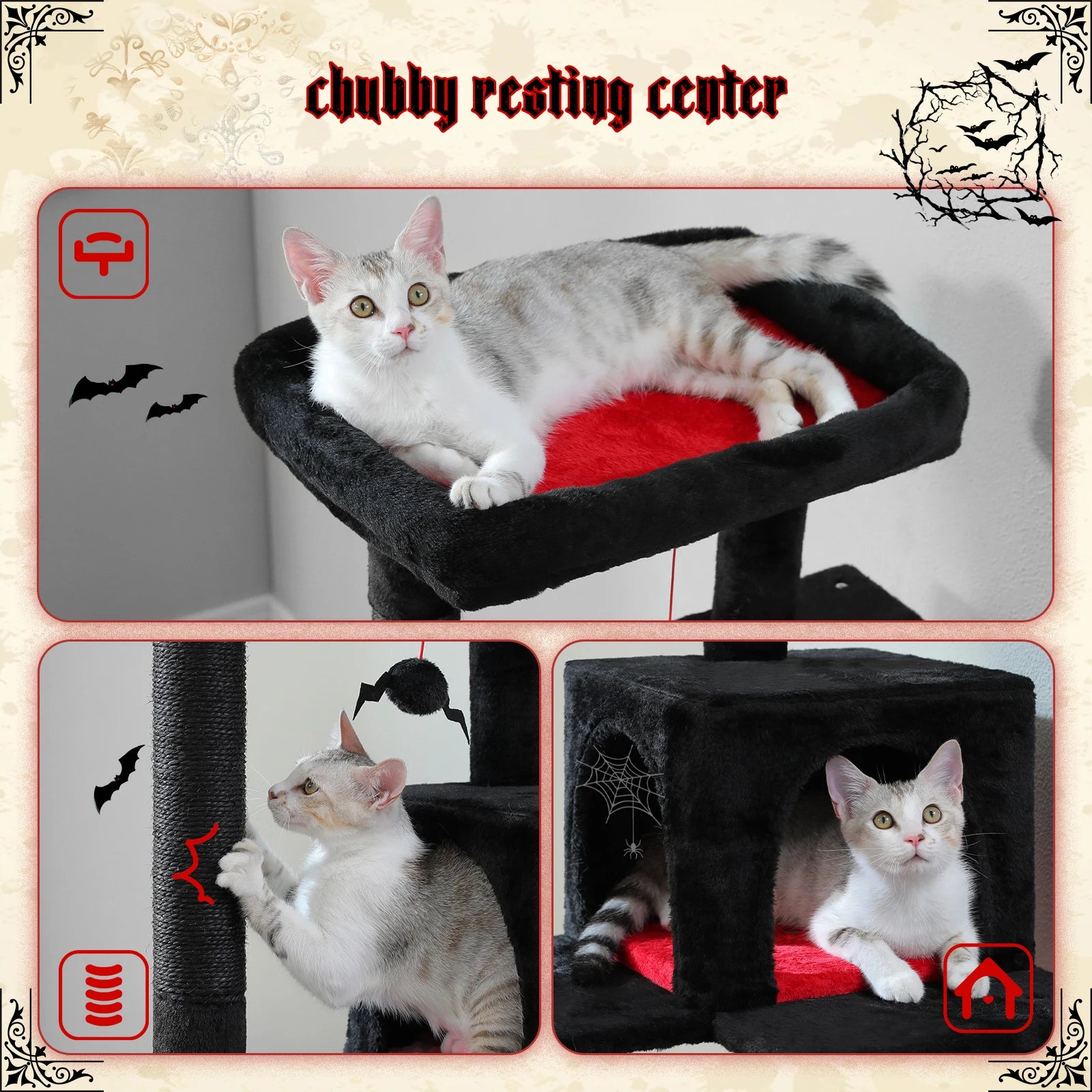 Gothic Cat Tree for Indoor Cats, Tall Cat Tower with Super Large Hammock, Sisal Covered Scratching Post Cozy Condo Top Perch