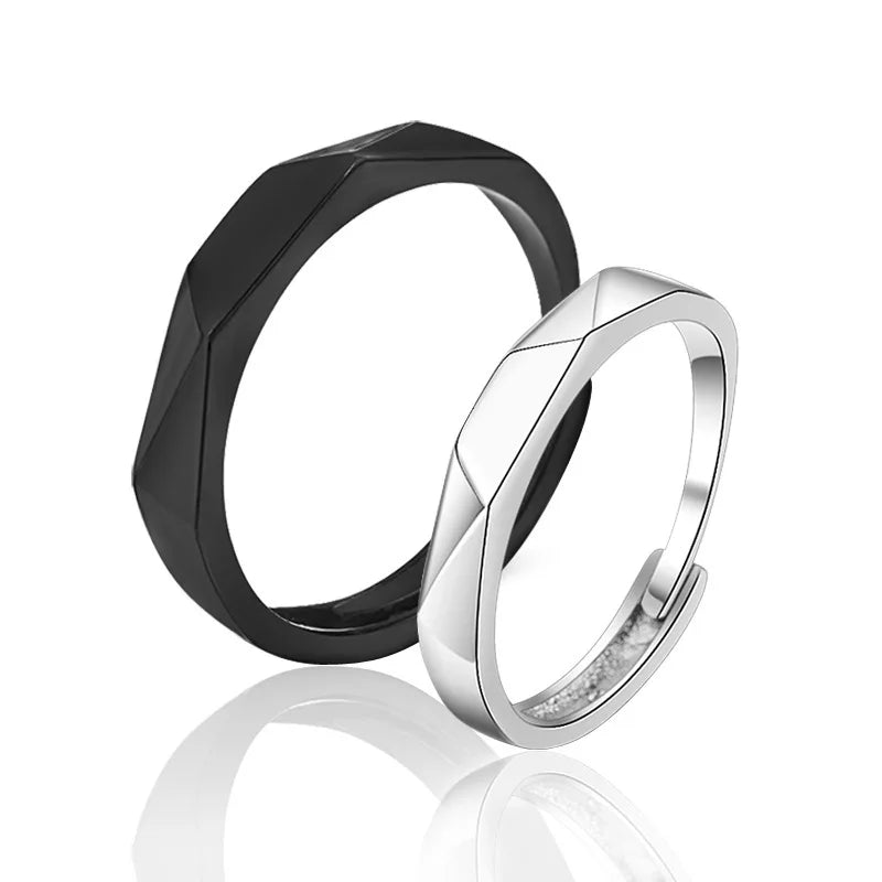 1Pair Simple Rhombus Couple Rings for Women Men Black Sliver Couple Goth Ring Luxury Opening Finger Ring Lover's Jewelry Gifts