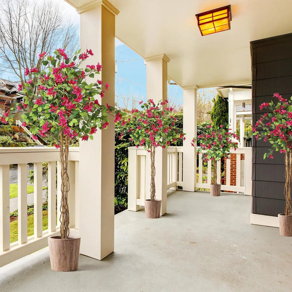 Artificial Bougainvillea Tree, Tall Potted Lifelike Tree Indoor, Faux Tree with Wood Trunk and Pink Flowers for Outdoor