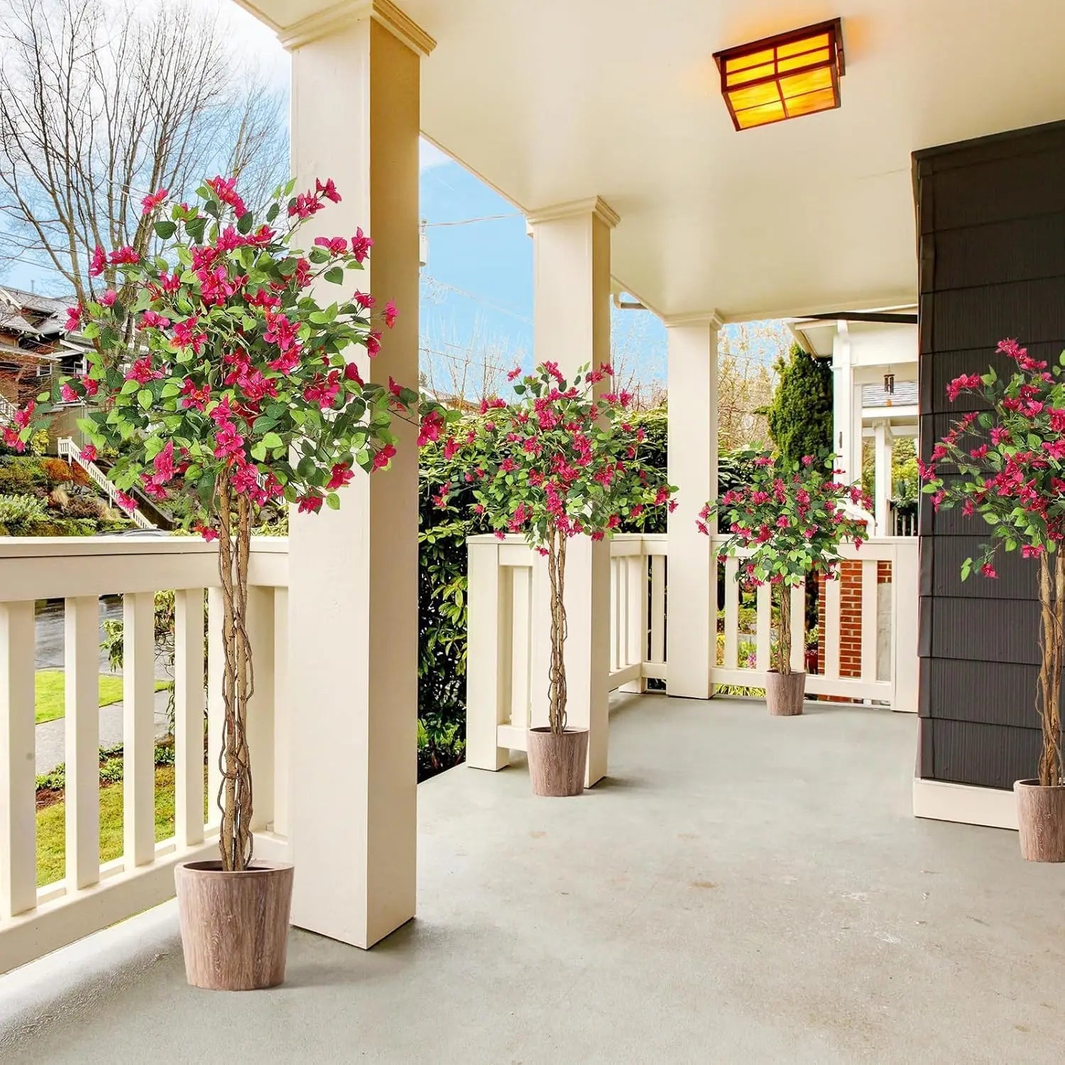 Artificial Bougainvillea Tree, Tall Potted Lifelike Tree Indoor, Faux Tree with Wood Trunk and Pink Flowers for Outdoor