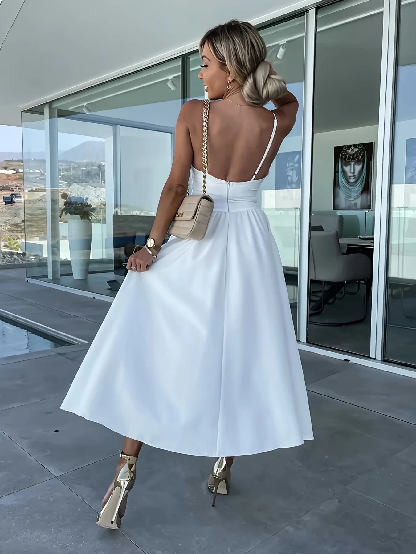 Women's Clothing New Style Solid White Deep V Large Hem Skirt Slit Fashion Sexy Spaghetti Strap High Waist Formal Dress