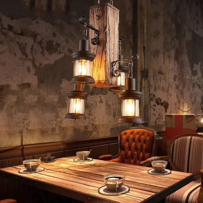 4 Light Rustic Country Chandelier Wood Fixture Pendant Industrial Cafe Bar Loft Farmhouse Country Wood Chandelier 110V