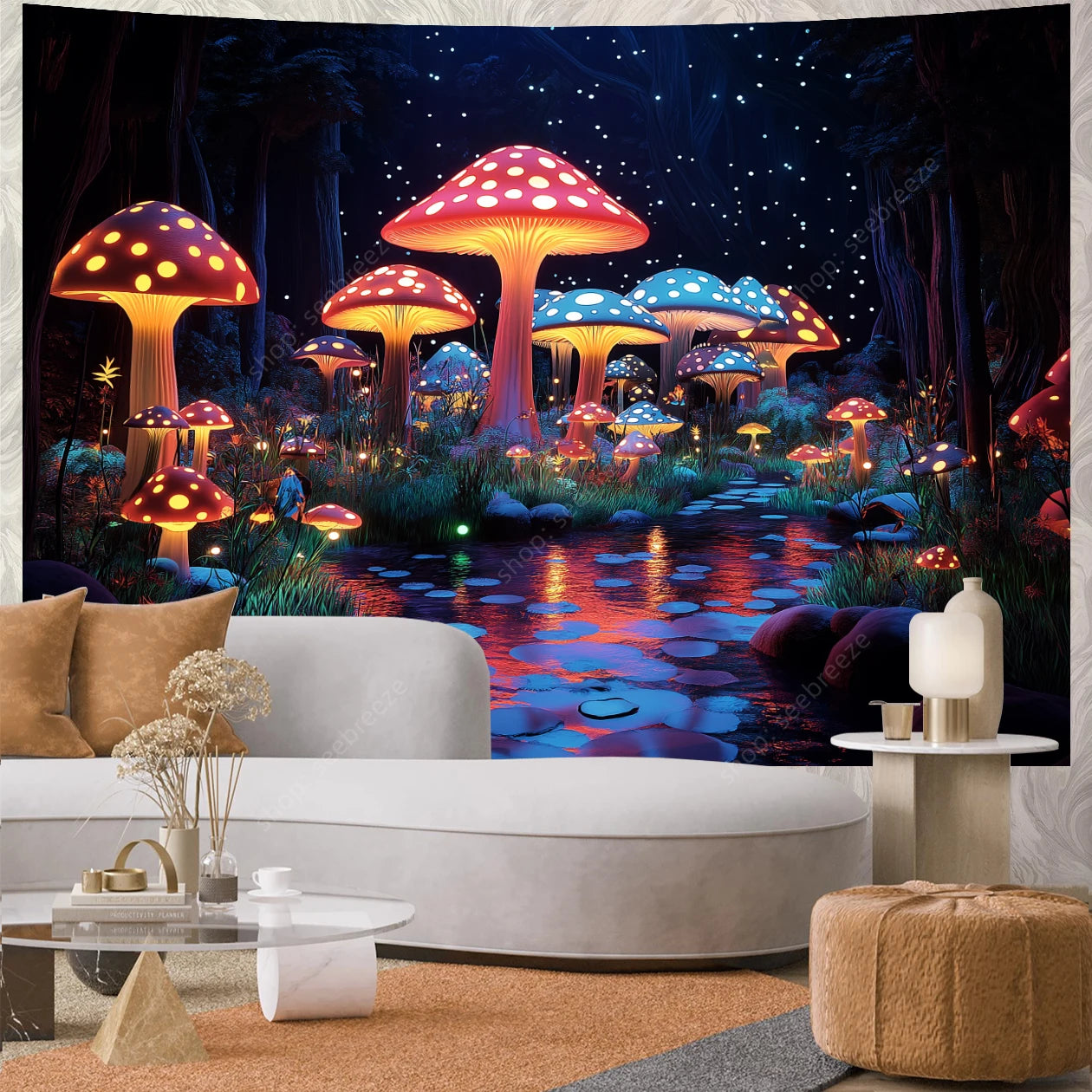 Fantasy Mushroom UV Reactive Tapestry Beautiful Floral Plant Tapestry Wall Hanging Gothic Home Wall Decor Room Decor Aesthetic