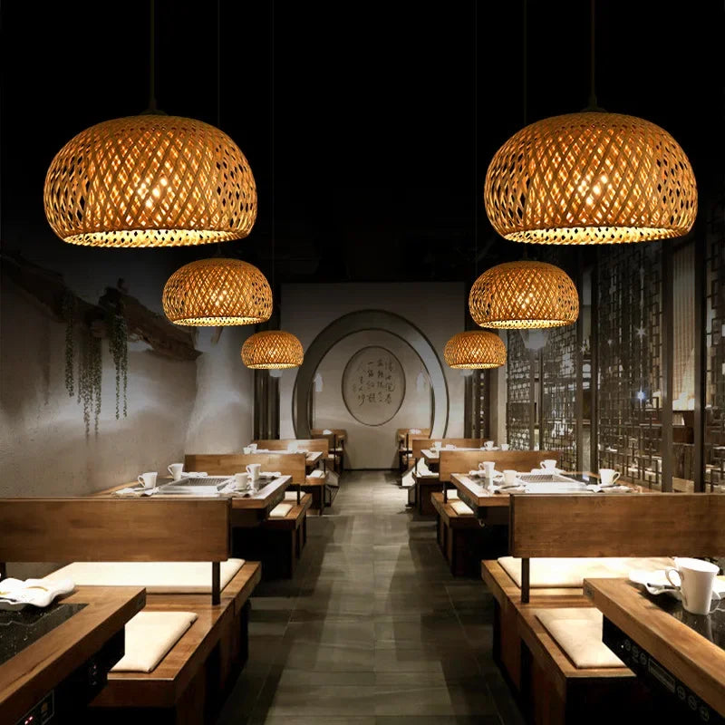 Handmade Vintage Bamboo Pendant Lamp Lustre Restaurant Café Chandeliers Wood Base E27 Lighting Hotel Bedroom Classic Home Decor