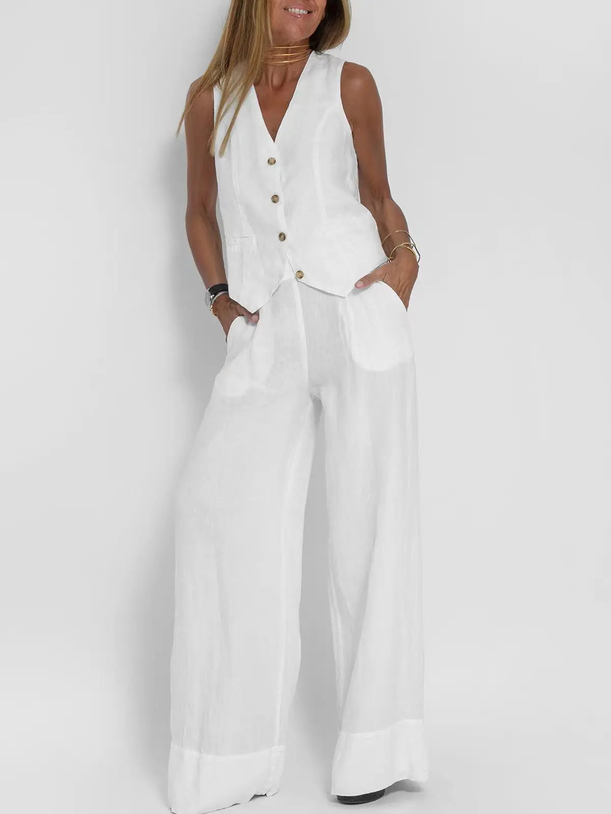 Women's Clothing 2024 Spring Summer New Fashionable Vest Pants Collage Splicing Pure Sleeveless Color Temperament Casual Suit