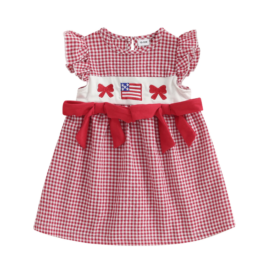 Girls Patriotic Dress American Flag Print Bow Sleeveless Casual Dress Toddler Independence Day Summer Outfit Kids Red White