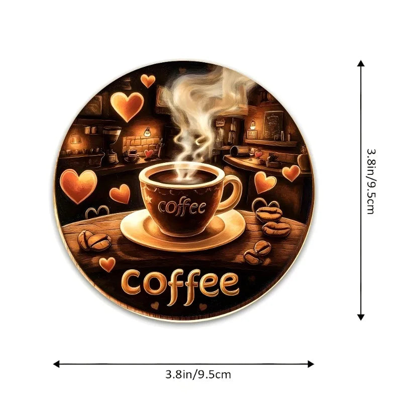 Coaster Set of 6 - Vintage Coffee Lovers Handcrafted Reclaimed Wood with Romantic Heart & Coffee Bean Art, Valentine's Day Gift