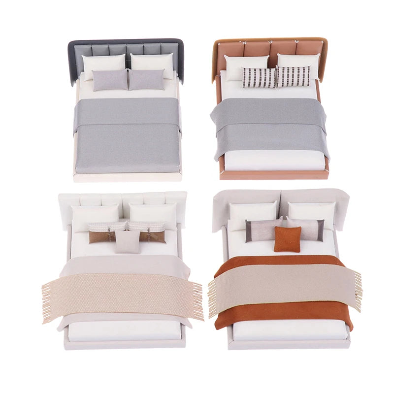Dollhouse Cream Color Double Bed Model For Bedroom Micro Landscape Scene Miniature Furniture Doll Accessories