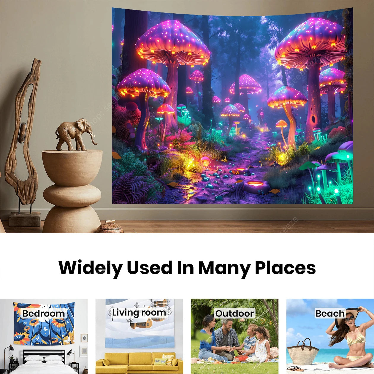 Fantasy Mushroom UV Reactive Tapestry Beautiful Floral Plant Tapestry Wall Hanging Gothic Home Wall Decor Room Decor Aesthetic