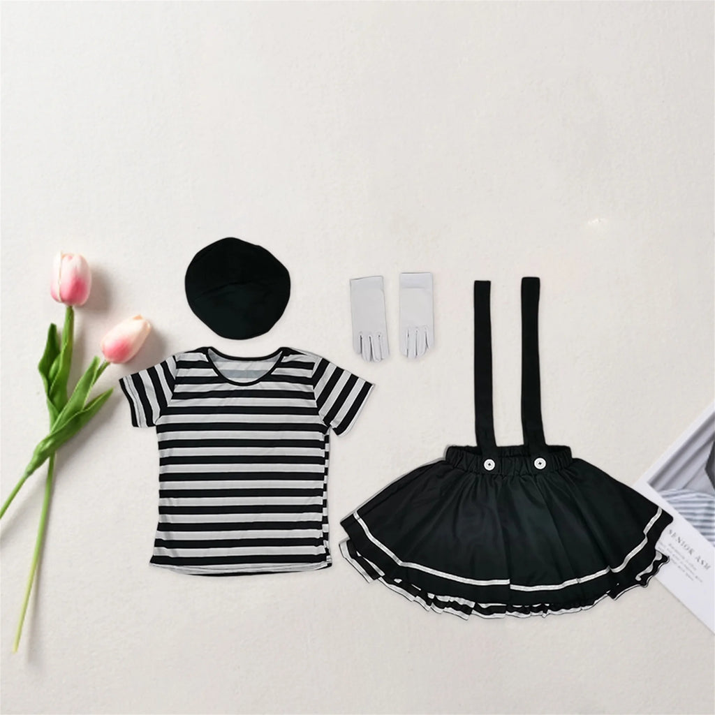 Women Clown Costumes Black White Striped Tops Suspender Skirt Gloves and Hat Set Halloween Cosplay Outfit