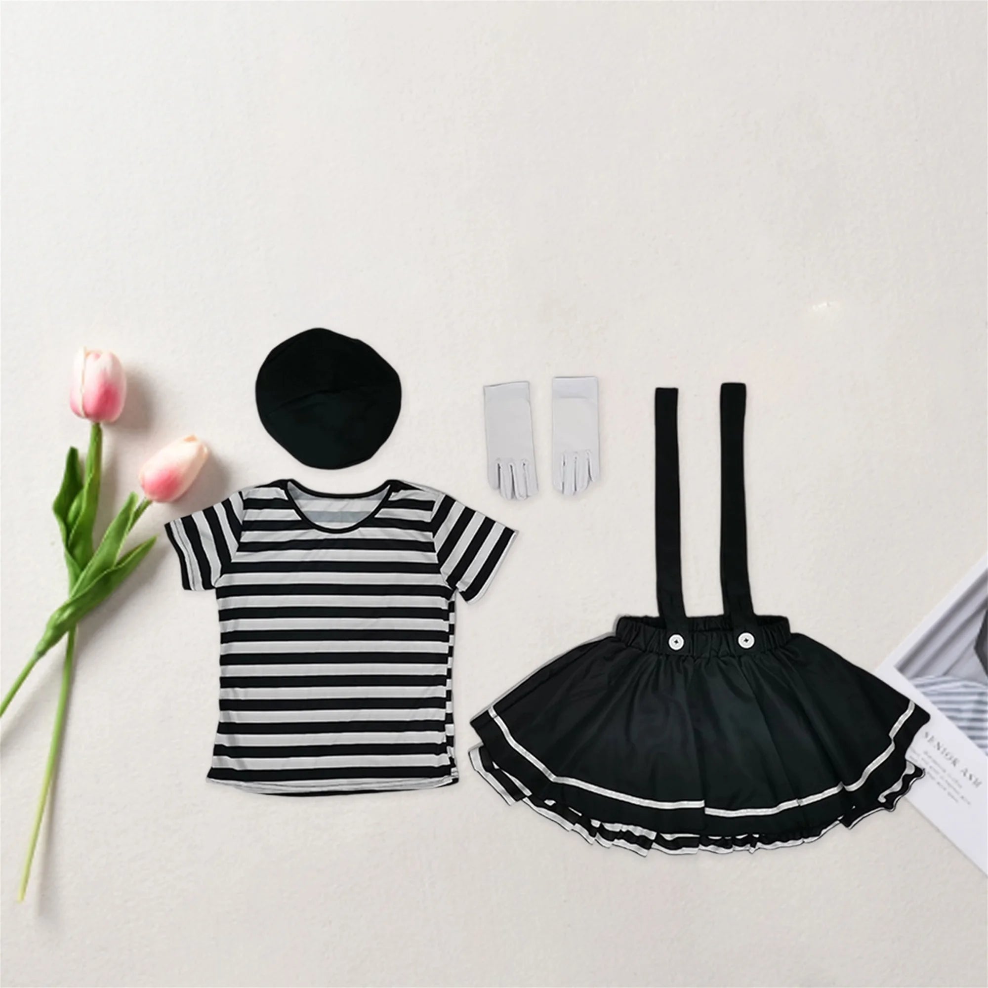 Women Clown Costumes Black White Striped Tops Suspender Skirt Gloves and Hat Set Halloween Cosplay Outfit