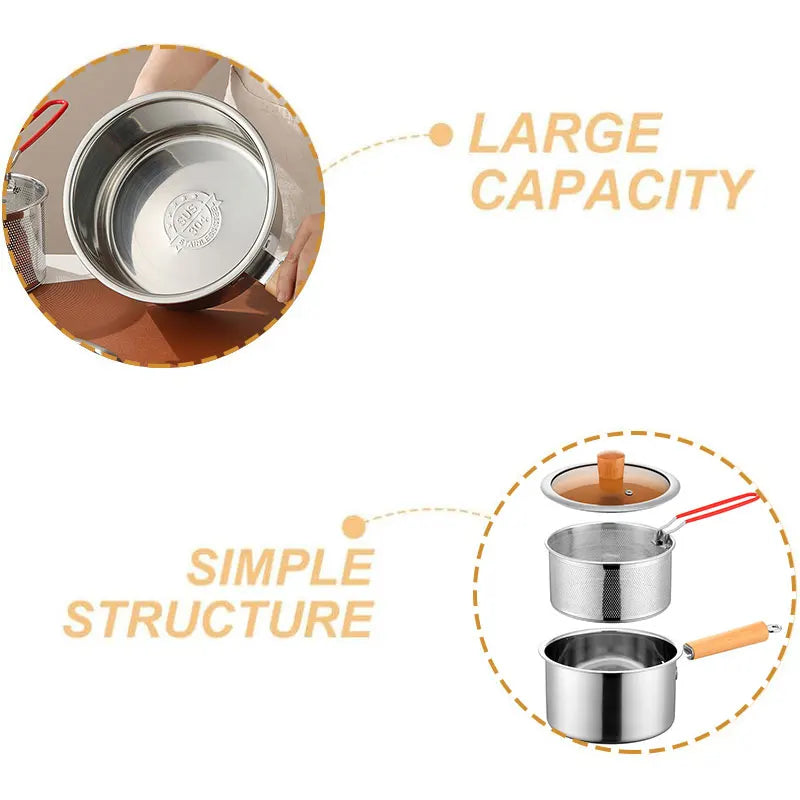 20cm Stainless Steel Deep Fryer Pot with Strainer Basket Wood Handle Mini Saucepan Soup Pot Milk Pan Cooking Pot Induction Safe