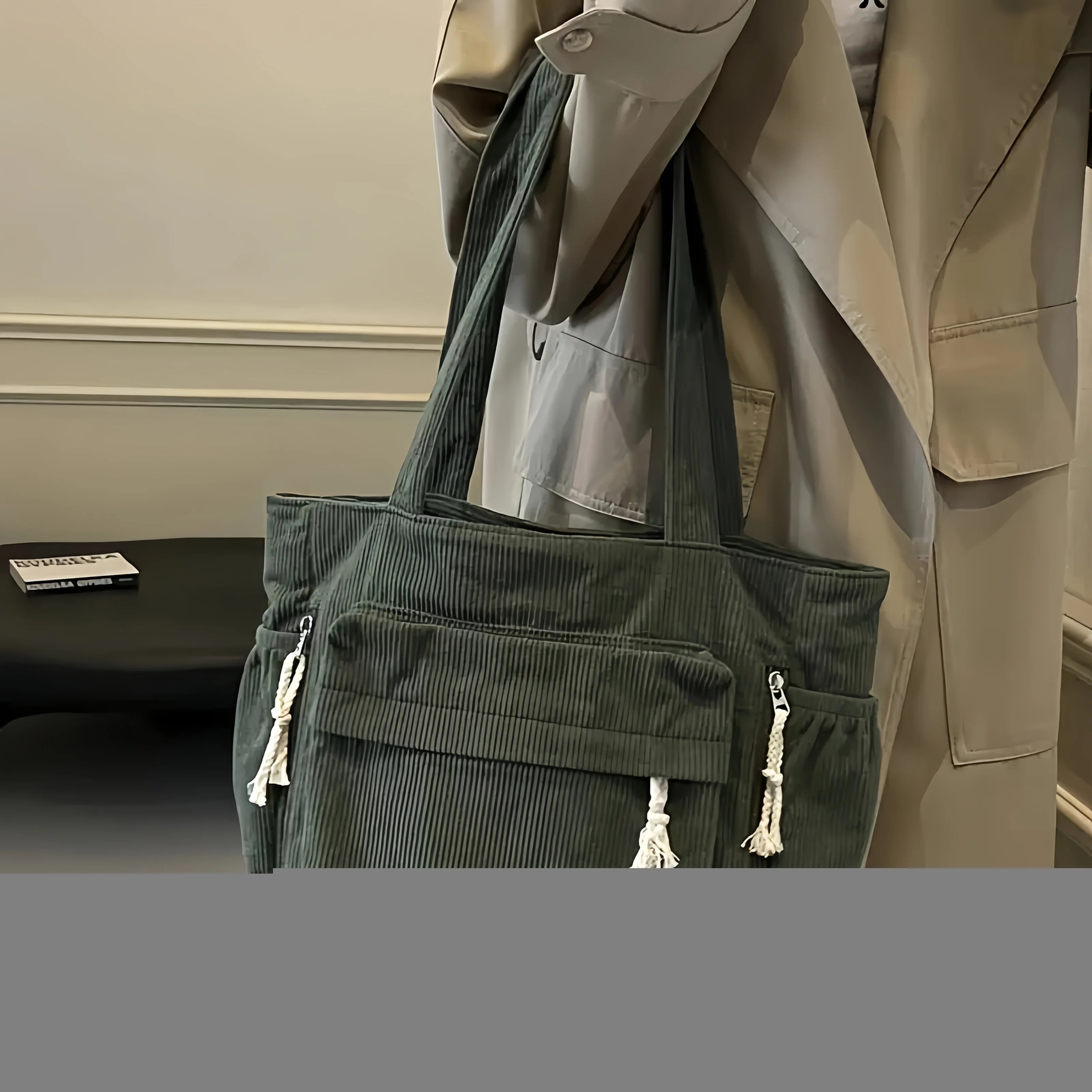 Vintage Corduroy Handbag Shoulder Bag with Multiple Pockets, Fixed Straps, Zipper Closure, Ideal for Outing, Commuting, Travel