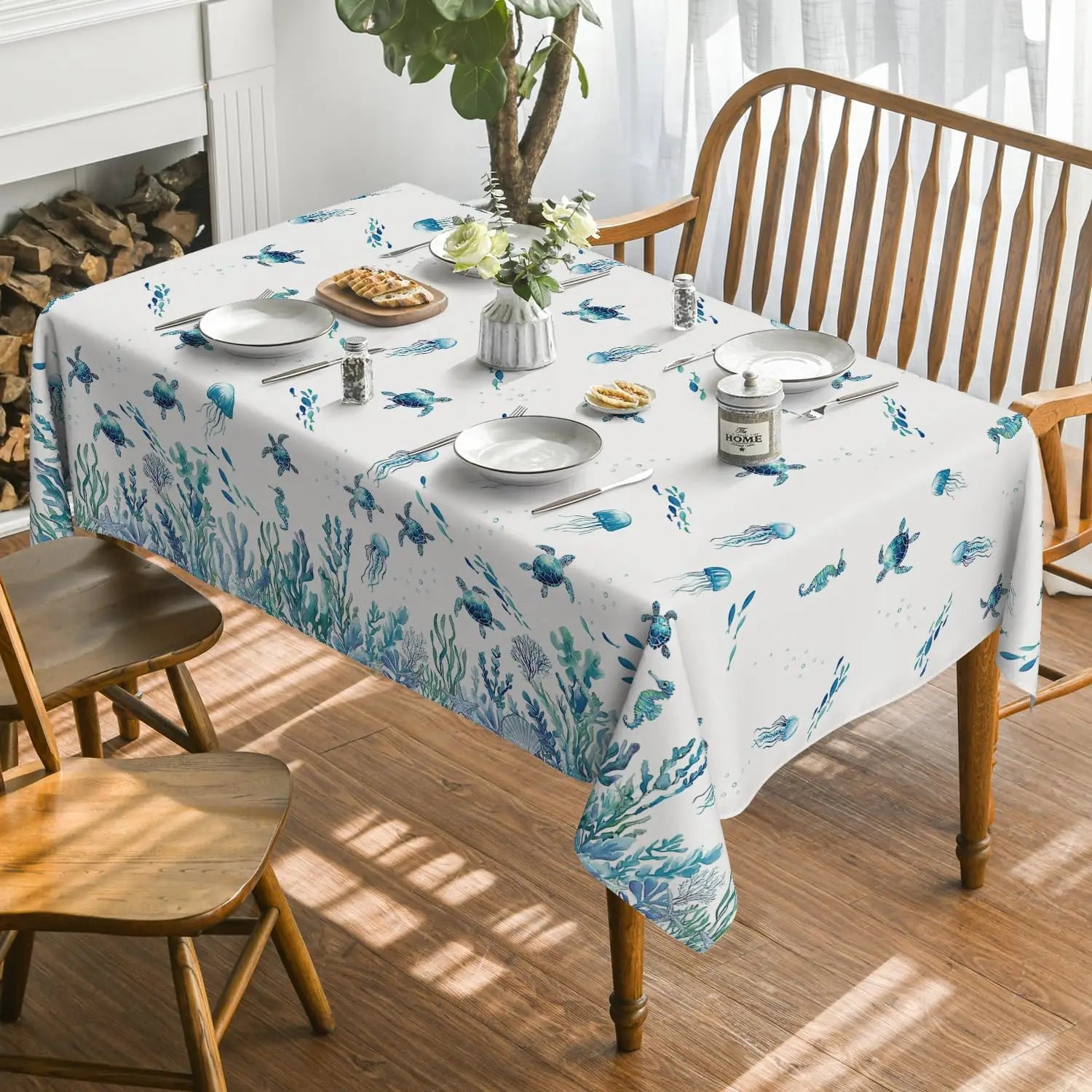 Blue Sea Turtle Seaweed Rectangle Waterproof Tablecloth Party Decor Washable Farmhouse Kitchen Dining Tablecloth Picnic Decor