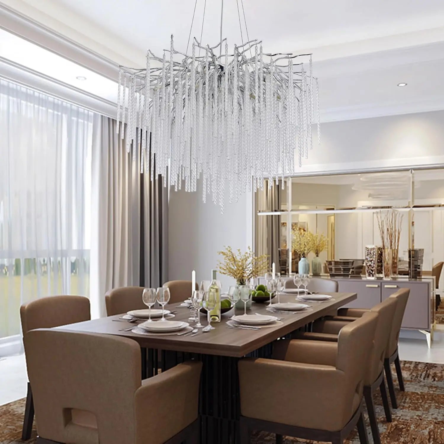 Long Crystal Branch Chandeliers For Dining Room Kitchen Table, Modern Black Crystal Hanging Chandelier Living Room Bedroom