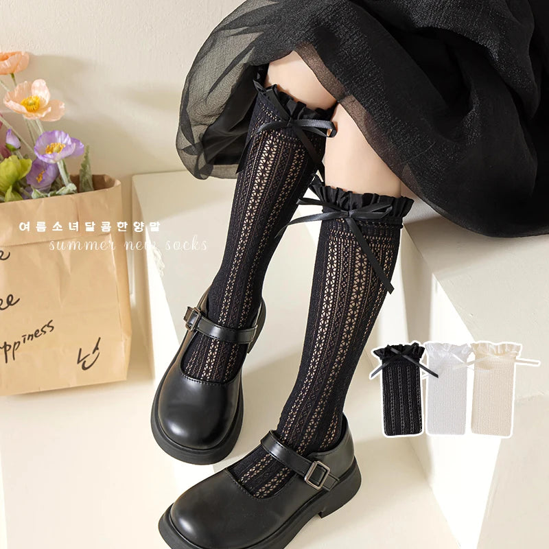 Girls Kids Geometric Retro Twists bowknot Long Kawaii Socks Princess Sweet Baby Over Knee High Sock Hollow mesh Lolita Stockings