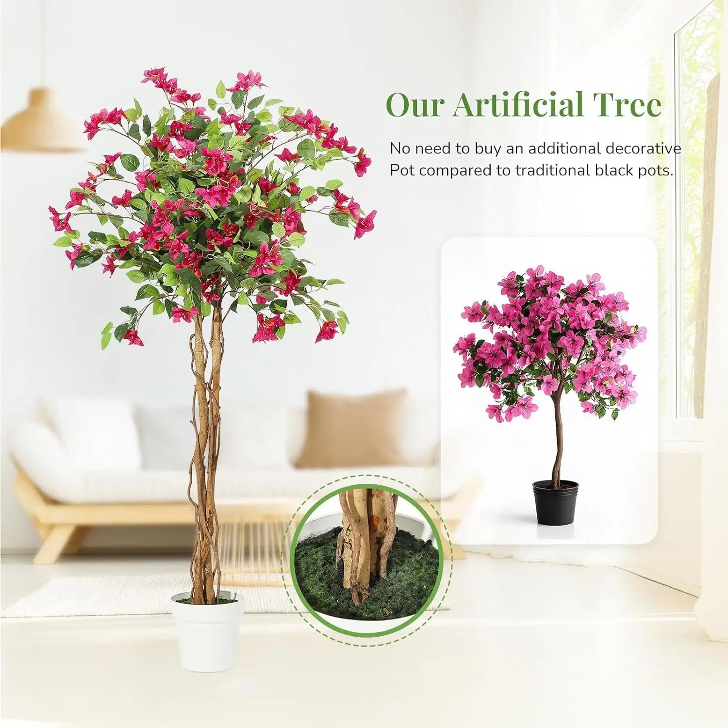 Artificial Bougainvillea Tree, Tall Potted Lifelike Tree Indoor, Faux Tree with Wood Trunk and Pink Flowers for Outdoor