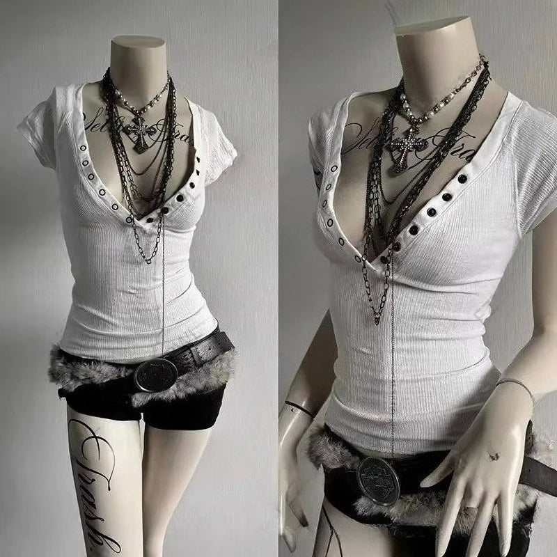 Euramerican Fashion Popular Sexy V Neck Short Sleeve T Shirts Y2k Aesthetic Rivet Nail Slim Punk Women Clothes High Street Tops