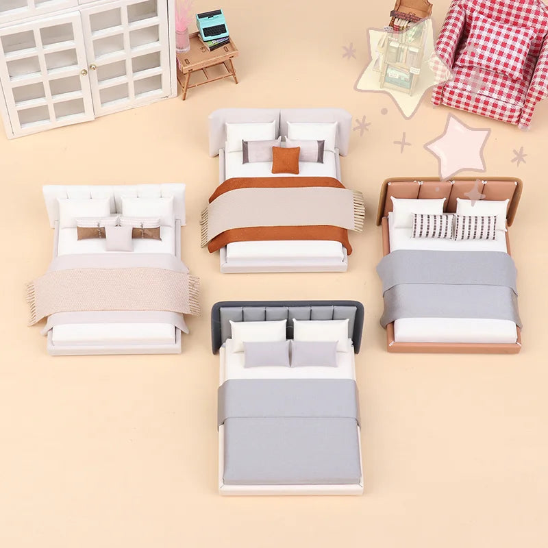 Dollhouse Cream Color Double Bed Model For Bedroom Micro Landscape Scene Miniature Furniture Doll Accessories