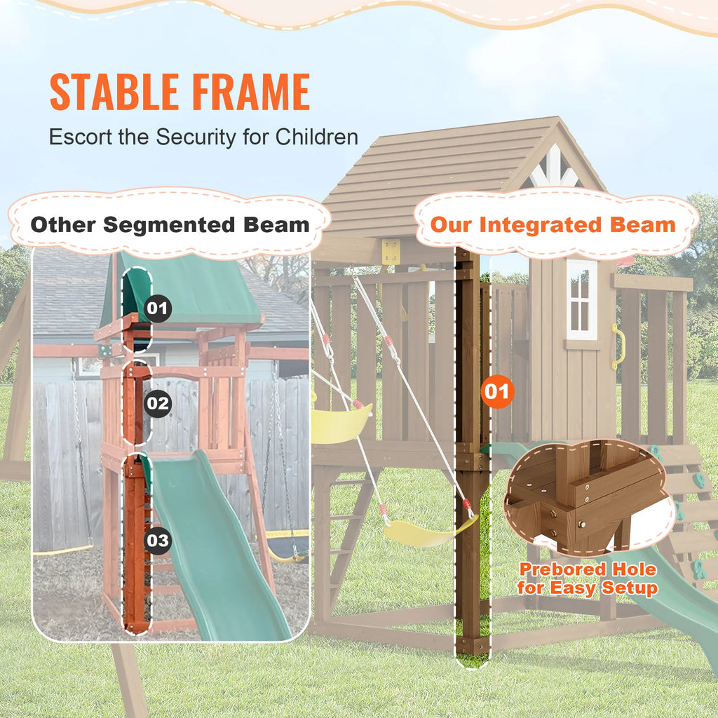 SucceBuy Wooden Swing Set 9/10 IN 1 Outdoor Playground Sets for Backyards 2 Swings Trapeze Bar 6 FT Slide Large Upper Fort
