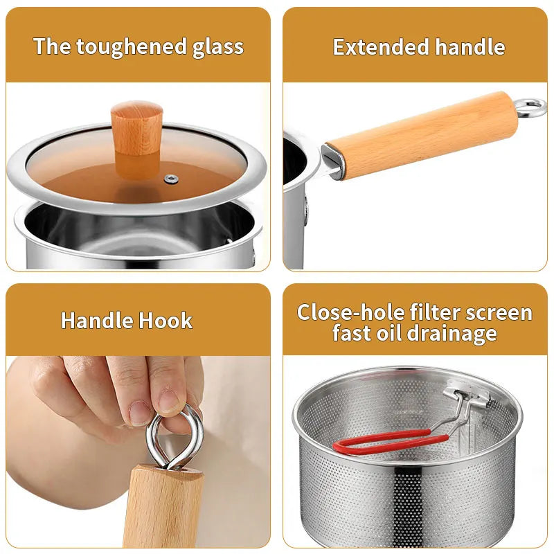 20cm Stainless Steel Deep Fryer Pot with Strainer Basket Wood Handle Mini Saucepan Soup Pot Milk Pan Cooking Pot Induction Safe