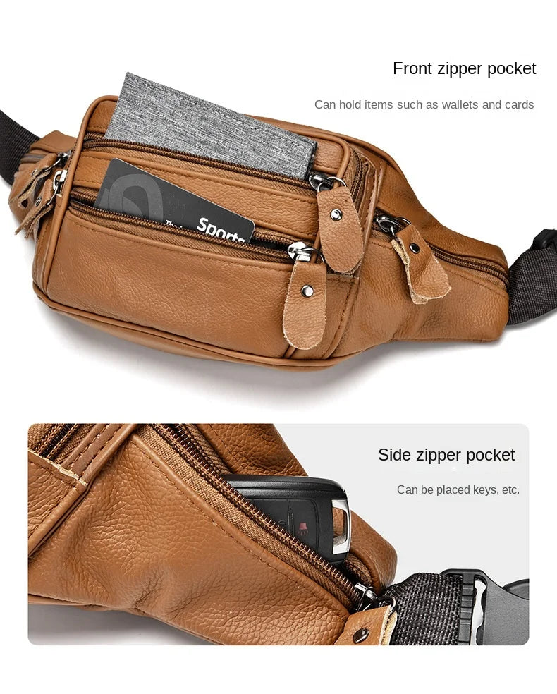 Large Capacity Waterproof PU Leather Men's Waist Bag Male Zipper Site Workers Travel Phone Bag Fanny Pack Men