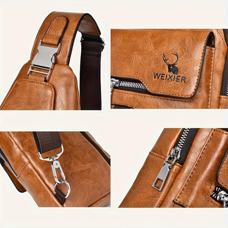 New PU Leather Crossbody Bag Vintage Casual Chest Bag Men Women Large Capacity Waterproof Sling Bag Simple Business Shoulder Bag