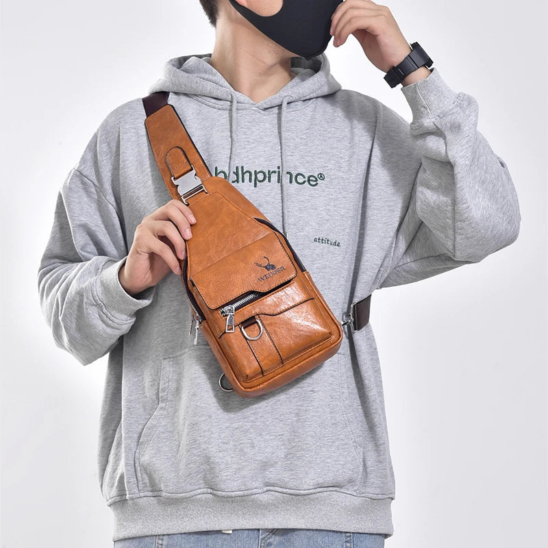 New PU Leather Crossbody Bag Vintage Casual Chest Bag Men Women Large Capacity Waterproof Sling Bag Simple Business Shoulder Bag
