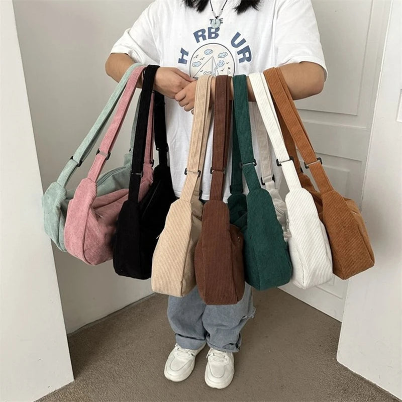 Corduroy Shoulder Bag Minimalist Crossbody Bag Women's Handbags Fashion Fabric Underarm Bag Solid Color Zipper Female Handbag