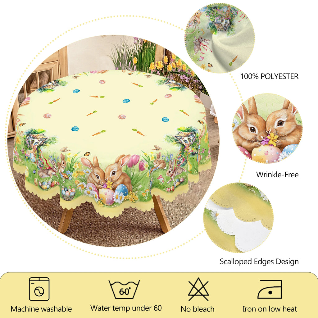 1 Easter Round Tablecloth, 5 Sizes Available, Tulip Easter Bunny Egg Garden Printed Square Tablecloth, Edge Embossing Process, Spring Garden Tablecloth Decoration, Tablecloth for Daily Home Kitchen, Terrace Use, Easter Decora
