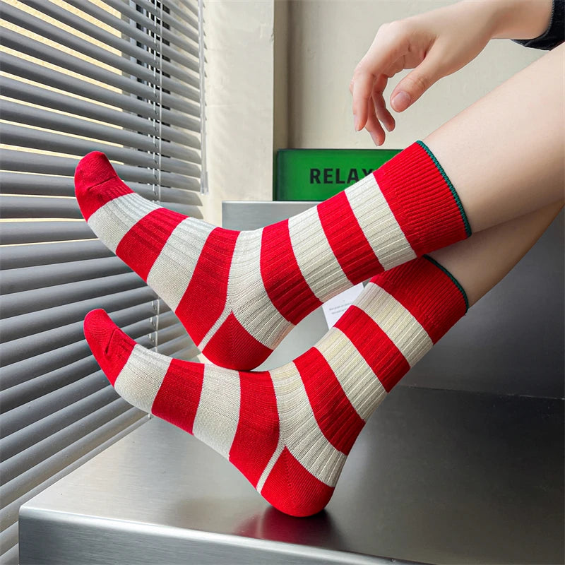 Socks For Women New Fashion Autumn Striped Cotton Long Socks Breathable Soft Korean Style Cute Embroidery Girls Casual Comfort