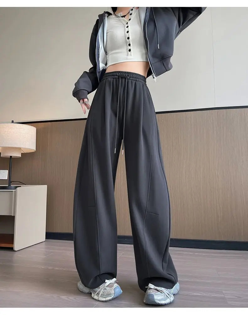 Loose Wide Leg Pants Women's High Waist Trousers Casual Sports Grey Curved Blade Long Length plus Size Comfortable Summer 2025