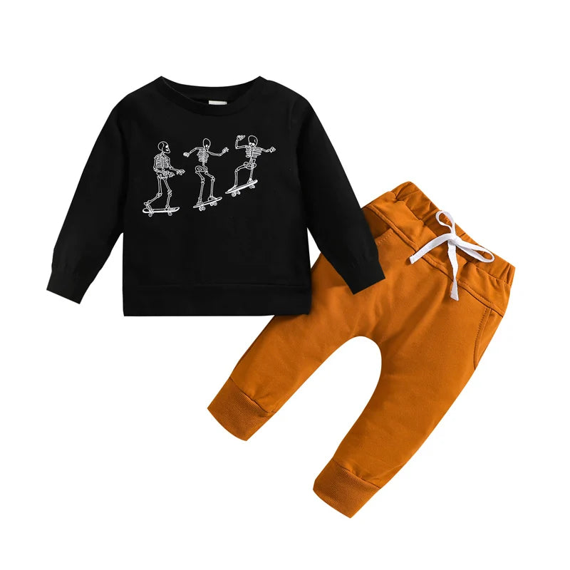 Toddler Boys Halloween Outfit Short Sleeve Round Neck Pumpkin Spider Print Tee with Jogger Pants and Hat Set