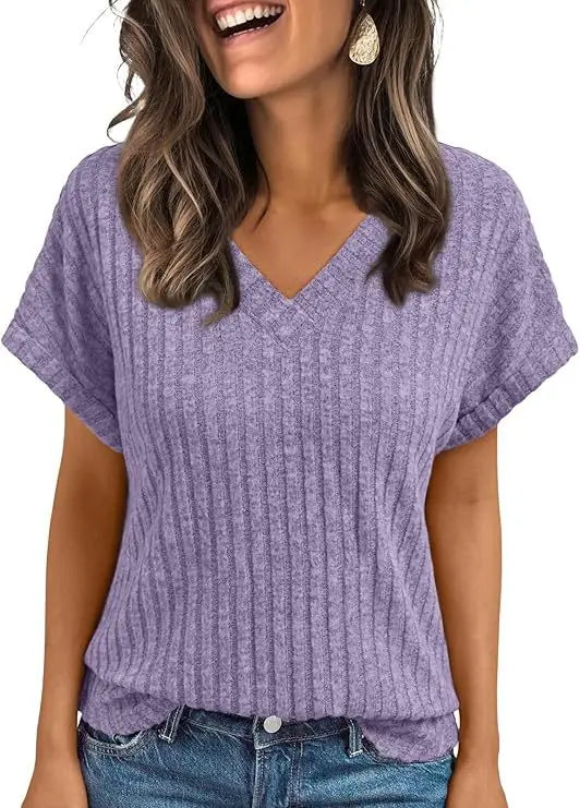 Women's Clothing Europe America All-match Knit T-shirt Summer 2025 New Casual Loose V-neck Short Sleeve Pullover Lady Solid Tops