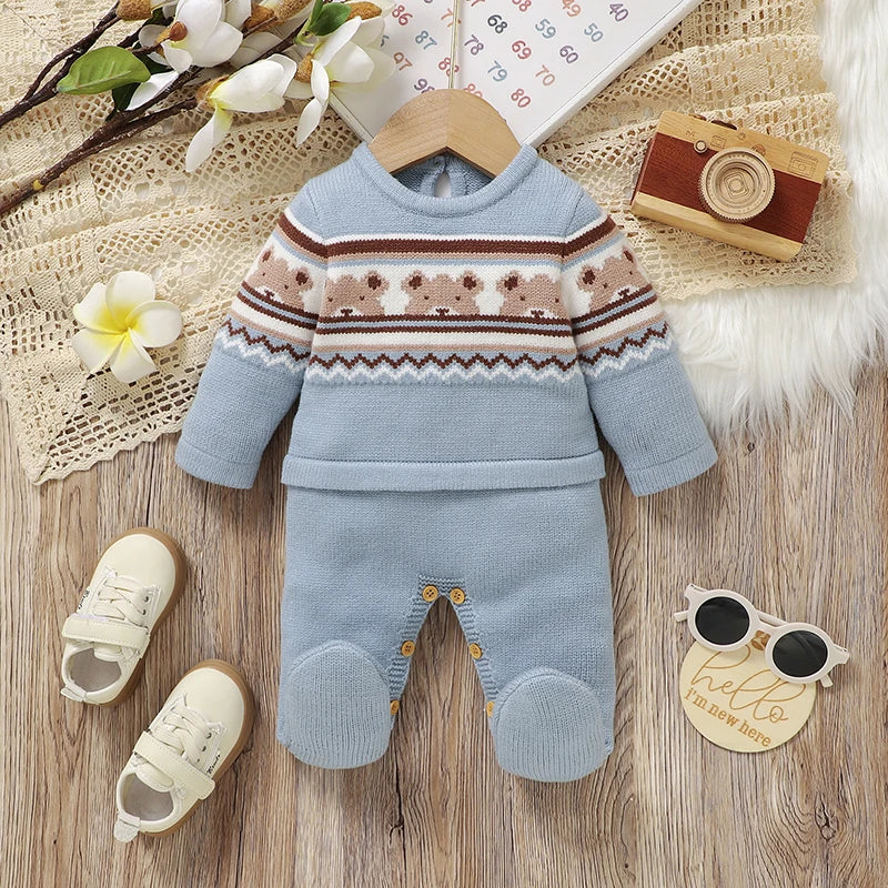 Baby Romper Knitted Toddler Kid Clothes 0-9M Infant Overalls Cute Bears Newborn Boys Girls Jumpsuit Long Sleeve Foot Wrap Autumn