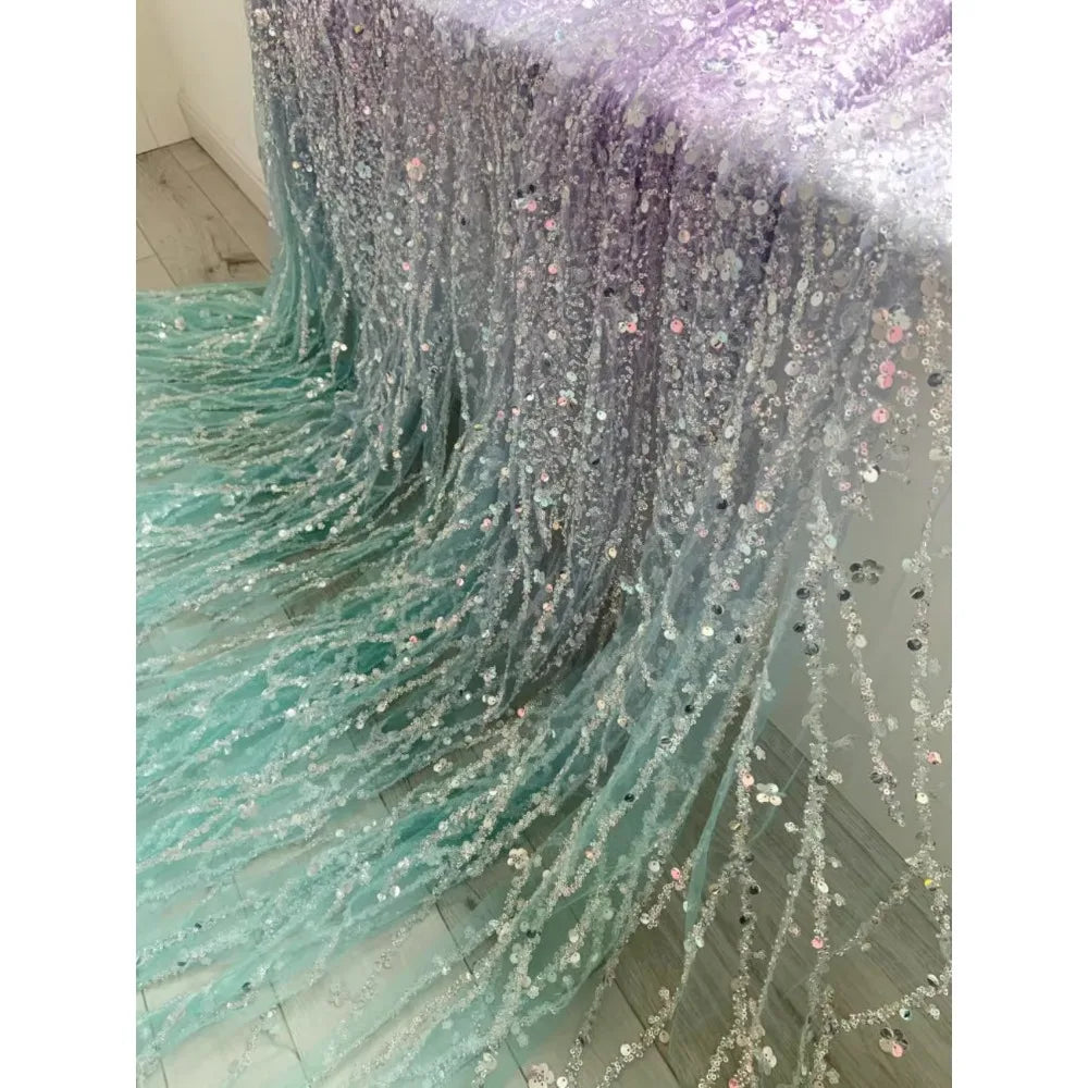 Pink Gradient Studded Sequin Fabric for Wedding Dresses Dance Costumes Stage Costumes Designer Fabrics for Sewing