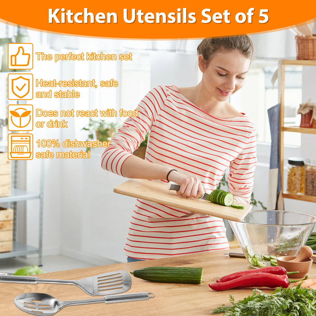 5Pcs Kitchen Cooking Utensils Set Durable Stainless Steel Cooking Tools Washable Spoons Spatula Utensils Kitchen Gadgets Tools
