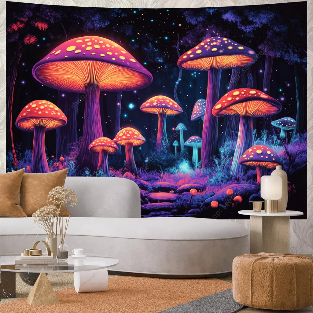 Fantasy Mushroom UV Reactive Tapestry Beautiful Floral Plant Tapestry Wall Hanging Gothic Home Wall Decor Room Decor Aesthetic