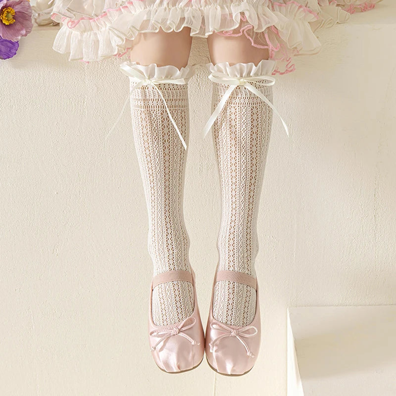 Girls Kids Geometric Retro Twists bowknot Long Kawaii Socks Princess Sweet Baby Over Knee High Sock Hollow mesh Lolita Stockings