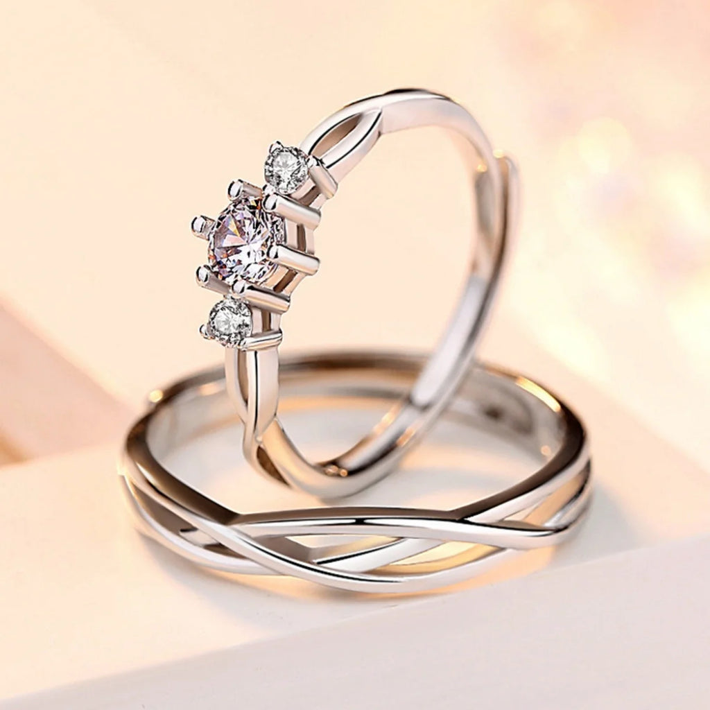 2Pcs/Set Minimalist Classic Twisted Weave Zircon Couple Rings For Women Men Trendy Romantic Geometric Ring Anniversary Jewelry